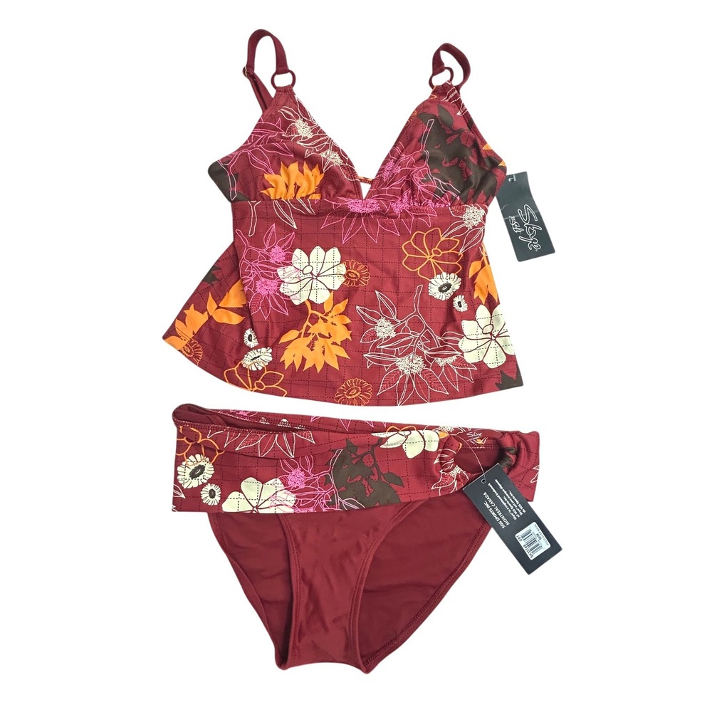Skye Tankini Swimsuit Set M‎ Burgundy Floral Fold Over Bottom Retro Resort NWT